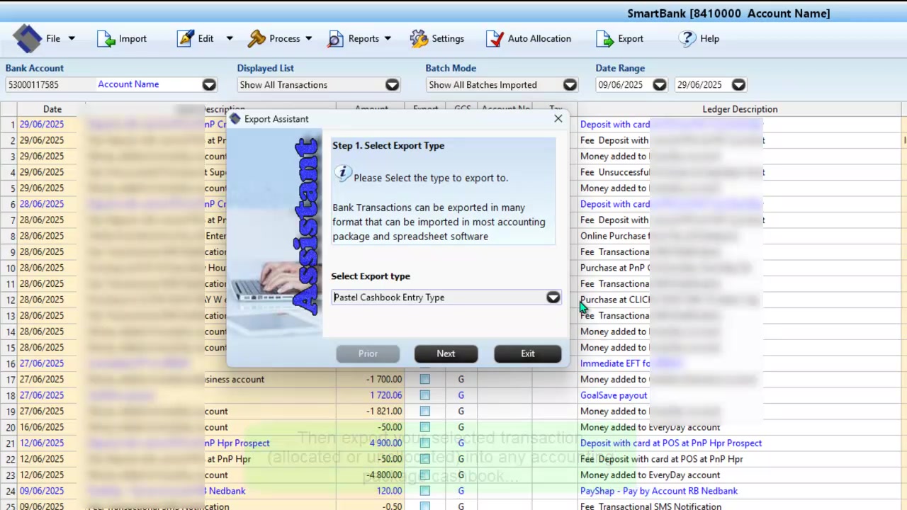 SmartBank export assistant showing accounting-package export options