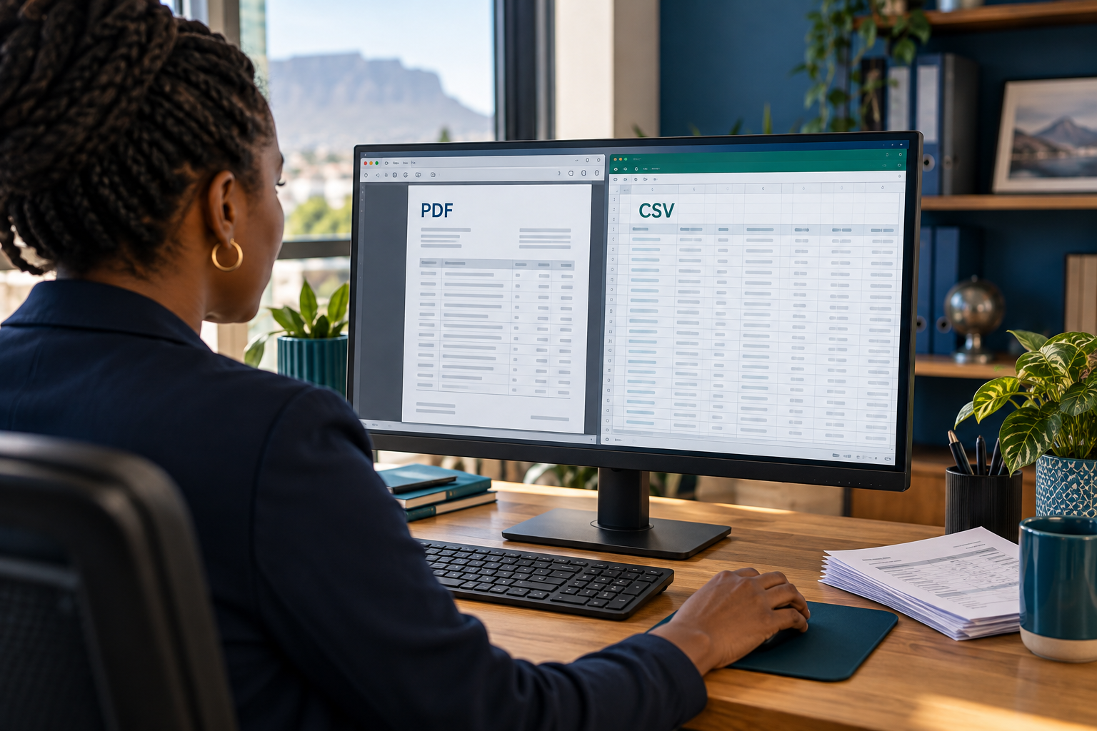 PDF bank statement and CSV spreadsheet displayed side by side on a monitor, illustrating PDF-to-CSV conversion